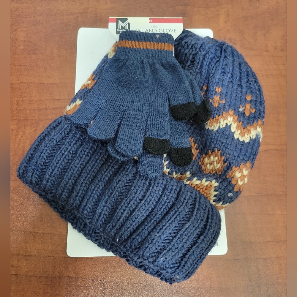 Members Marks Kids Blue and Orange Knit Hat and Glove Set Medium NWT